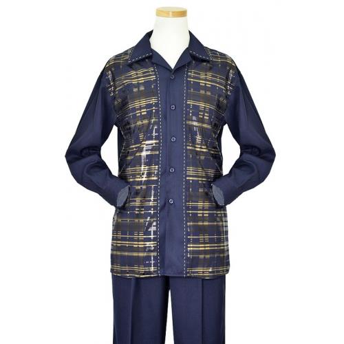 Pronti Navy With Metallic Gold / Navy Hand Painted Windowpane Microfiber Blend 2 PC Outfit With Gold hand Pick Stitching SP5989